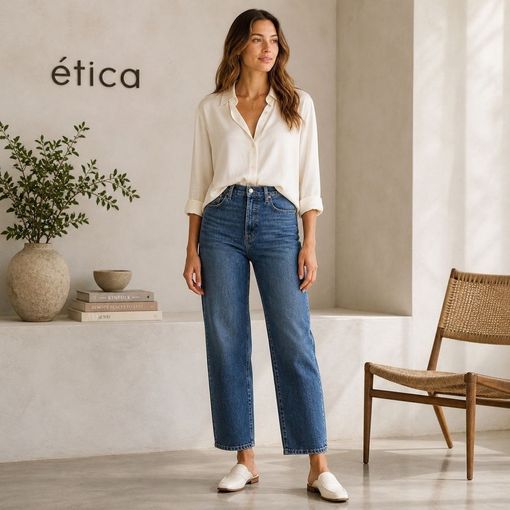 ETICA Tyler Women's‎ Jeans 31 Straight Wide Leg Button Fly Sustainable Incloud